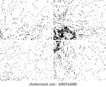 Grunge background black and white. Set of four abstract monochrome textures. Vector pattern of spots, dust, scratches, chips