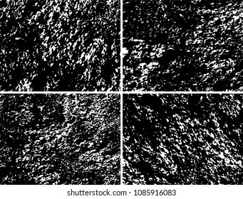 Grunge background black and white. Set of four abstract monochrome textures. Vector pattern of spots, dust, scratches, chips
