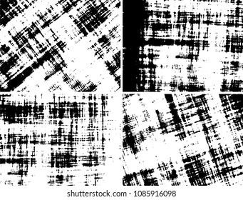 Grunge background black and white. Set of four abstract monochrome textures. Vector pattern of spots, dust, scratches, chips