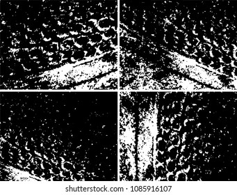 Grunge background black and white. Set of four abstract monochrome textures. Vector pattern of spots, dust, scratches, chips