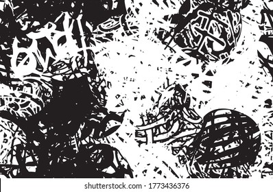 brüchiger Hintergrund, schwarz-weiß. Textur von Chips, Risse, Kratzer, Schellen, Staub, Schmutz. Dunkle monochrome Oberfläche. Altes Vintage-Vektormuster