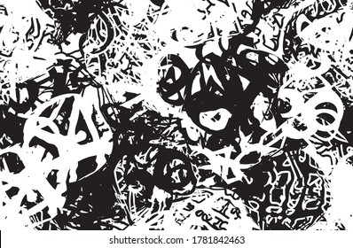 Fondo negro y blanco. Textura de patatas fritas, grietas, arañazos, polvos, suciedad. Superficie monocromática oscura. Patrón vectorial vintage antiguo