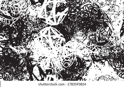 Grunge background black and white. Texture of chips, cracks, scratches, scuffs, dust, dirt. Dark monochrome surface. Old vintage vector pattern