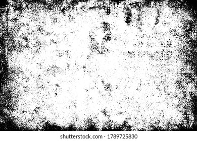 Grunge background black and white. Texture of chips, cracks, scratches, scuffs, dust, dirt. Dark monochrome surface. Old vintage vector pattern	