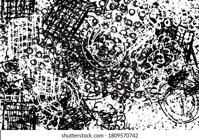 Grunge background black and white. Texture of chips, cracks, scratches, scuffs, dust, dirt. Dark monochrome surface. Old vintage vector pattern