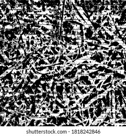 Fondo negro y blanco. Textura de patatas fritas, grietas, arañazos, polvos, suciedad. Superficie monocromática oscura. Patrón vectorial vintage antiguo	
