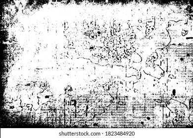 Grunge background black and white. Texture of chips, cracks, scratches, scuffs, dust, dirt. Dark monochrome surface. Old vintage vector pattern	