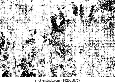 Fondo negro y blanco. Textura de patatas fritas, grietas, arañazos, polvos, suciedad. Superficie monocromática oscura. Patrón vectorial vintage antiguo	