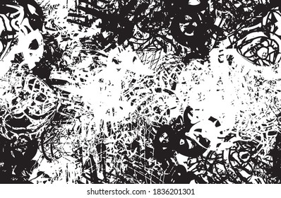Grunge background black and white. Texture of chips, cracks, scratches, scuffs, dust, dirt. Dark monochrome surface. Old vintage vector pattern