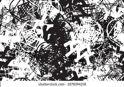 Grunge background black and white. Texture of chips, cracks, scratches, scuffs, dust, dirt. Dark monochrome surface. Old vintage vector pattern