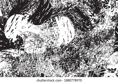 Grunge background black and white. Texture of chips, cracks, scratches, scuffs, dust, dirt. Dark monochrome surface. Old vintage vector pattern
