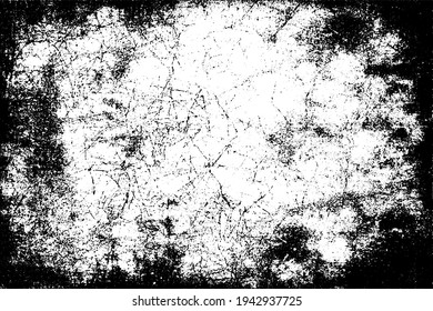 brüchiger Hintergrund, schwarz-weiß. Textur von Chips, Risse, Kratzer, Schellen, Staub, Schmutz. Dunkle monochrome Oberfläche. Altes Vintage-Vektormuster	