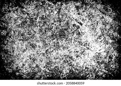 Fondo negro y blanco. Textura de patatas fritas, grietas, arañazos, polvos, suciedad. Superficie monocromática oscura. Patrón vectorial vintage antiguo