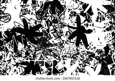 Fondo negro y blanco. Textura de patatas fritas, grietas, arañazos, polvos, suciedad. Superficie monocromática oscura. Patrón vectorial vintage antiguo