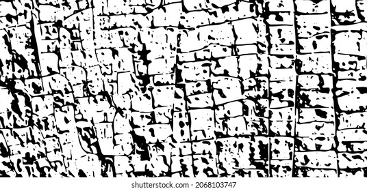brüchiger Hintergrund, schwarz-weiß. Textur von Chips, Risse, Kratzer, Schellen, Staub, Schmutz. Dunkle monochrome Oberfläche. Altes Vintage-Vektormuster