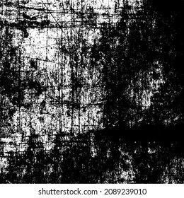brüchiger Hintergrund, schwarz-weiß. Textur von Chips, Risse, Kratzer, Schellen, Staub, Schmutz. Dunkle monochrome Oberfläche. Altes Vintage-Vektormuster