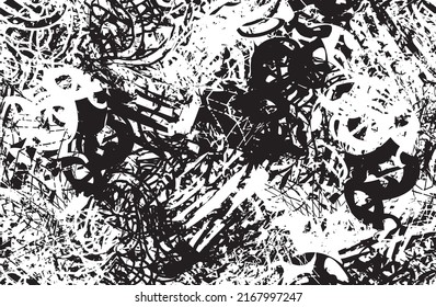 Grunge background black and white. Texture of chips, cracks, scratches, scuffs, dust, dirt. Dark monochrome surface. Old vintage vector pattern
