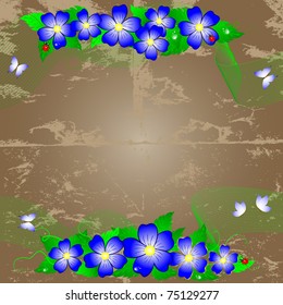 Grunge background with blue flowers and butterflies. Vector.