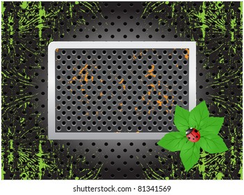 Grunge background with a border point, green leaves and crawling ladybug