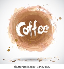 Grunge background with bright brown splash. Coffee logo. Vector