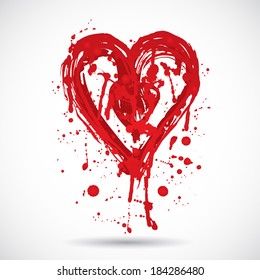 Grunge background with bright red heart. paint splash. Vector