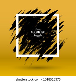 Grunge background. Brush black paint ink stroke over square frame. Vector illustration