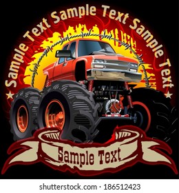 Grunge background with cartoon monster truck. Available EPS-10 vector formats separated by groups and layers for easy edit