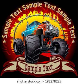 Grunge background with cartoon monster truck. Available EPS-10 vector format separated by groups and layers with transparency effects for one-click repaint