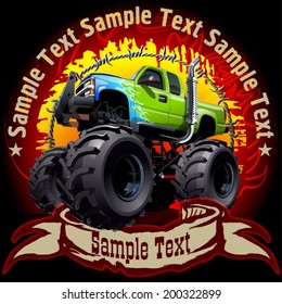 Grunge background with cartoon monster truck. Available EPS-10 vector format separated by groups and layers with transparency effects for one-click repaint 