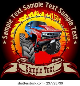 Grunge background with cartoon monster truck. Available EPS-10 vector format separated by groups and layers with transparency effects for one-click repaint 