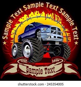 Grunge background with cartoon monster truck. Available EPS-10 vector format separated by groups and layers with transparency effects for one-click repaint 