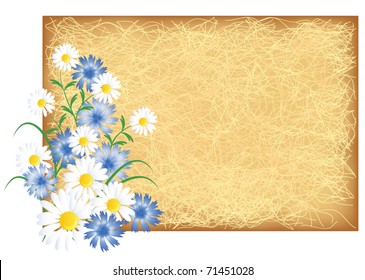 Grunge background with chamomiles and cornflowers