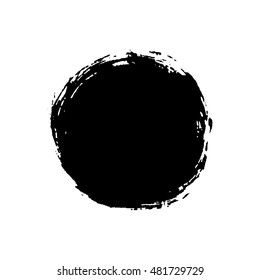 Grunge background circle black on white. Sketch to create border. Round shape texture for banner. Dirty old effect. Vintage artistic graphic. Smear print template. Vector illustration