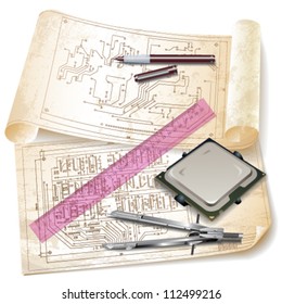 Grunge background with a circuit board and technical drawings