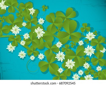 Grunge background with clover leaves and flowers