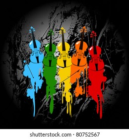 Grunge background with colored violins and paint