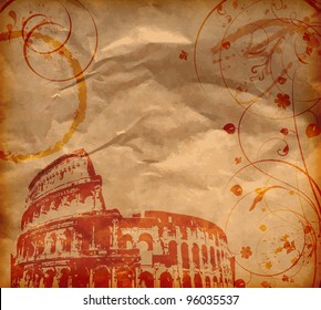 Grunge background with Colosseum and florals