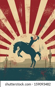 Grunge background, cowboy riding wild horse, vector