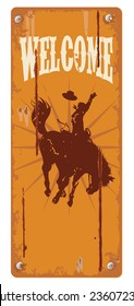 Grunge background with cowboy riding wild horse silhouette, vector