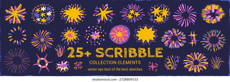 Fundo Grunge com centelha de fogos de artifício e doodle de celebração de quadro-negro. Kits de decoração de aniversário imprimíveis com temas de fogos de artifício de giz de cera.