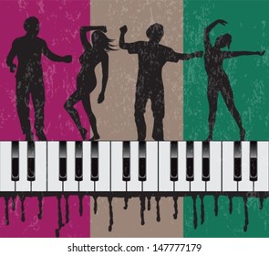 grunge background with dancing people and piano