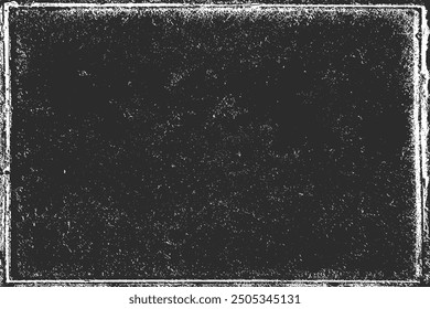 Grunge background with dark textured surface and distressed frame border. High contrast monochrome noise, vintage gritty overlay vector backdrop for design, print and web.