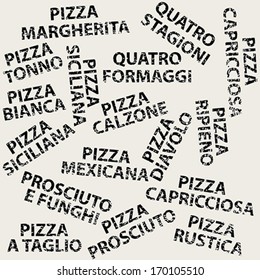 Grunge background with different pizza names
