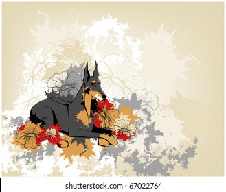 grunge background with doberman pincher and poppies
