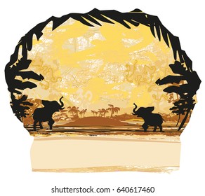 Grunge background with elephant family 