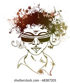 grunge background with face and flowers
