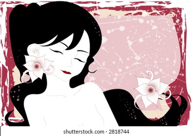 a grunge background with the face of a young and beautiful young woman