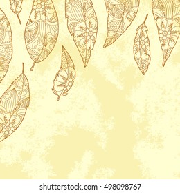 Grunge background with feathers with ornament inside.  Editable vector illustration.
