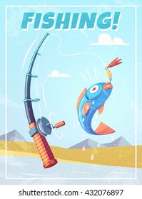 Grunge background with fishing rod and fish. Vector illustration.