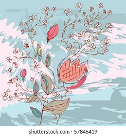 Grunge background with flowers and branches